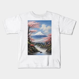 Japan Nature Mount Fuji Cherry Blossom Oil Painting Art Kids T-Shirt